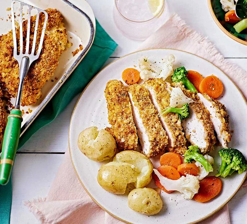 Garlic & parmesan breaded chicken with quick giardiniera