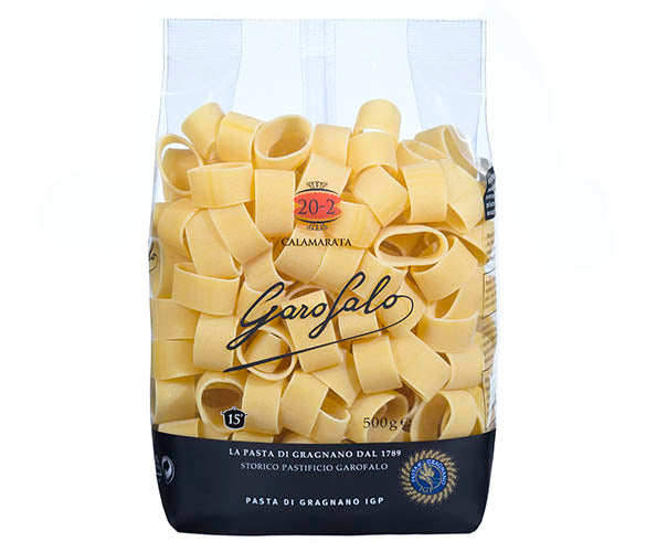 Garofalo calamarata pasta 500g bag with short tube-shaped pasta pieces