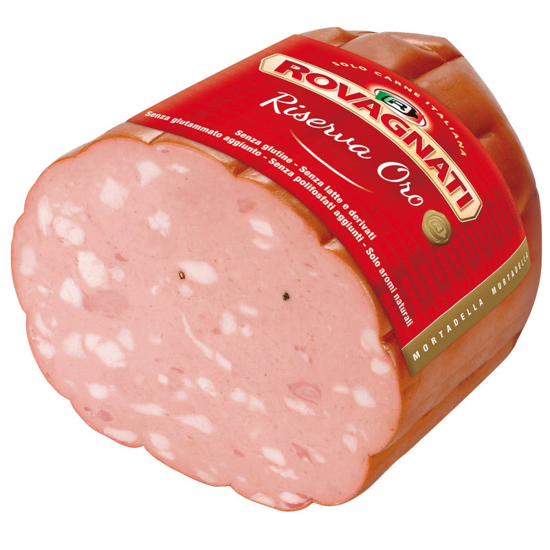 Mortadella 250g cured pork loaf with red Rovagnati label and sliced pink meat