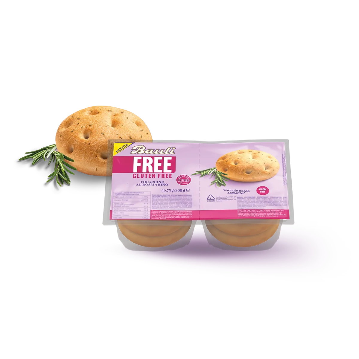 Bauli Free gluten-free rosemary focaccia bread pack with two focaccia rolls