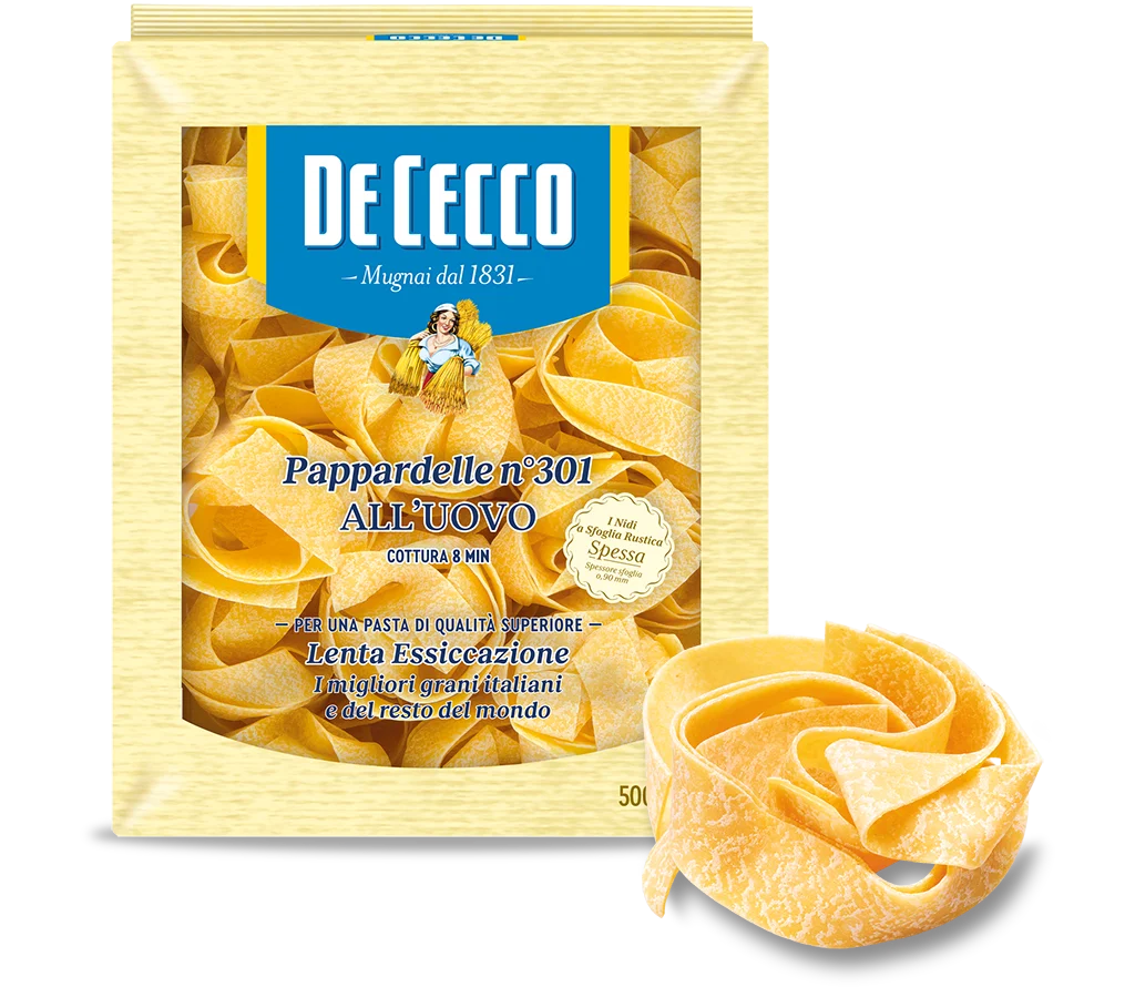 De Cecco pappardelle n.301 egg pasta pouch with ribbon noodles
