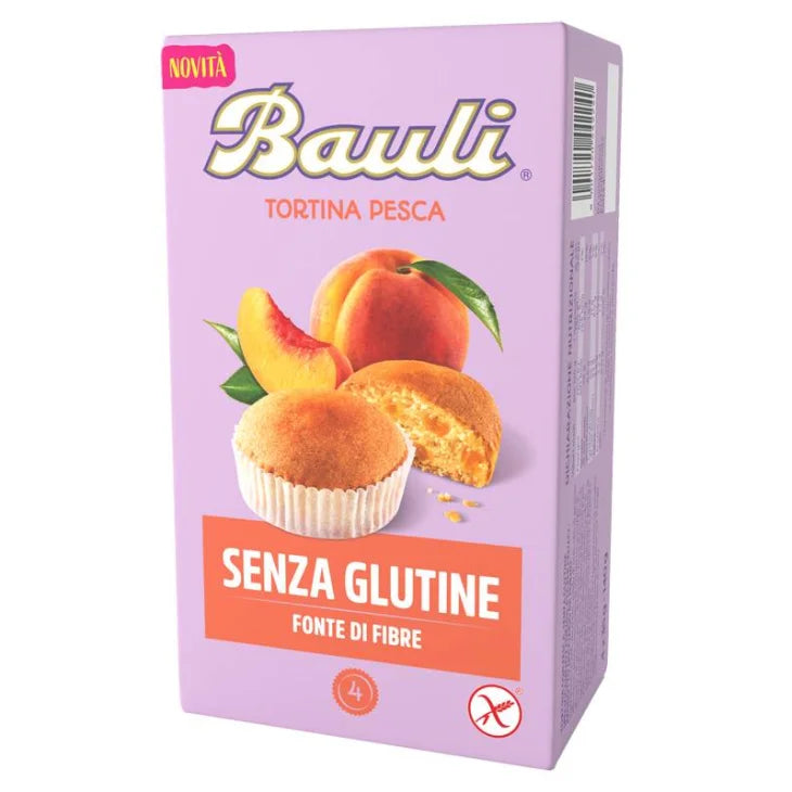 Gluten-free peach cake mix box by Bauli, with fiber