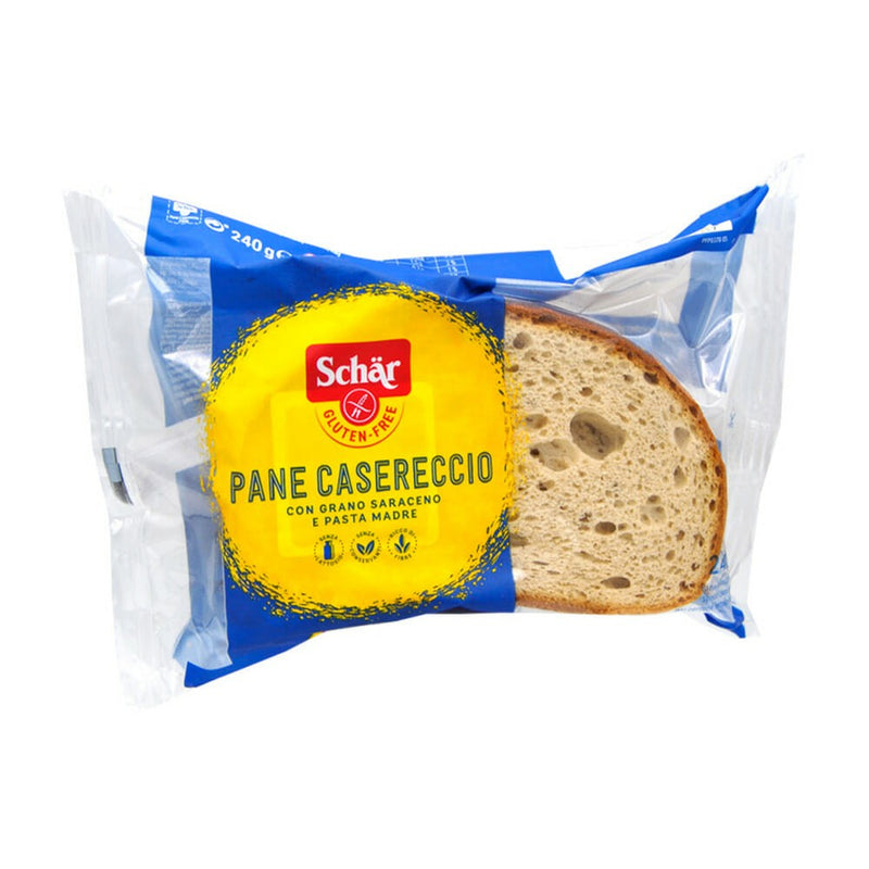 Gluten-free rustic loaf bread in blue and yellow Schar package, sliced end visible