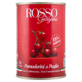Canned cherry tomatoes in a metal can with red label and tomato illustration