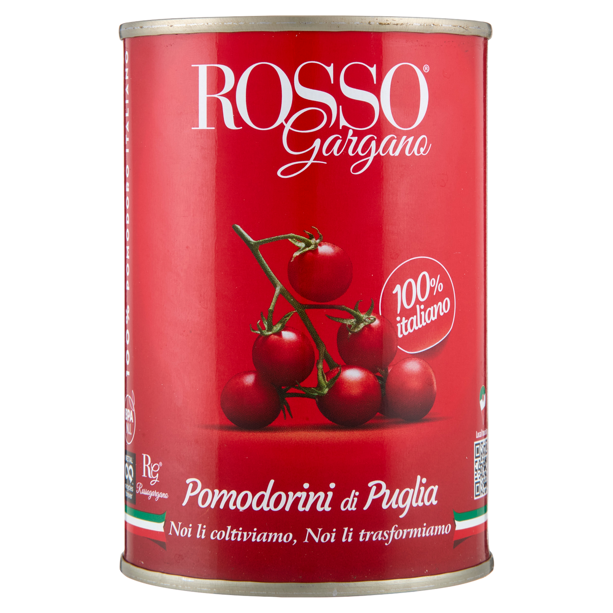 Canned cherry tomatoes in a metal can with red label and tomato illustration