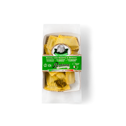 Bertagni ricotta and spinach ravioli pasta, 250 g in green-and-gold box
