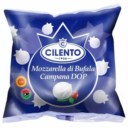 Cilento mozzarella di bufala packaged cheese, blue bag with white logo