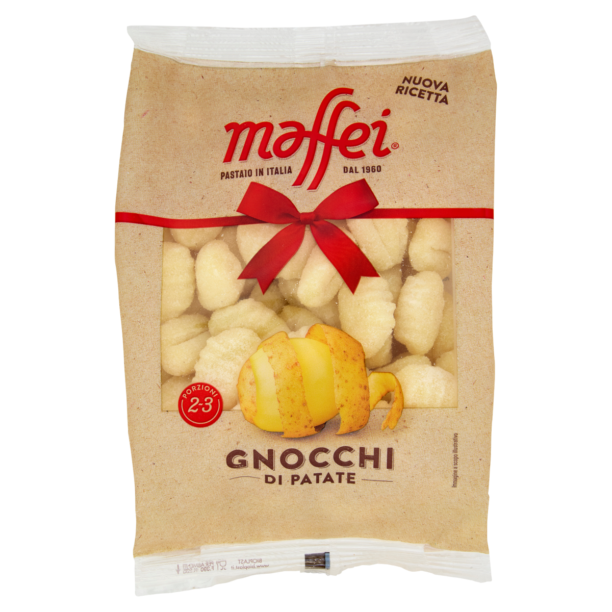 Maffei potato gnocchi 500g pouch with red ribbon, cream gnocchi visible through window