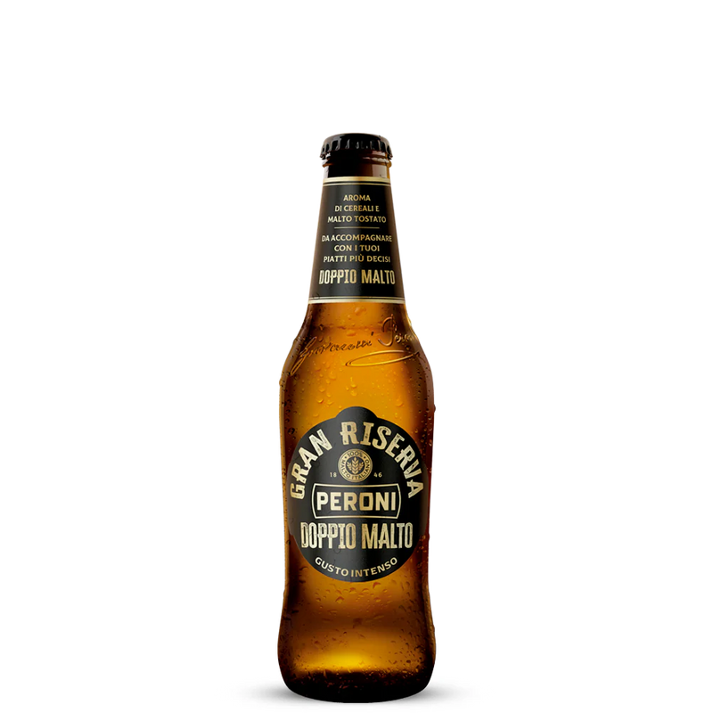 330 ml amber glass beer bottle with Gran Riserva Peroni label