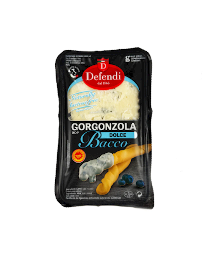 Defendi Gorgonzola Dolce DOP 200g cheese package, black tray with blue label