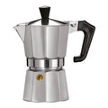Pezzetti 6-cup stovetop moka pot, stainless steel with black handle and knob