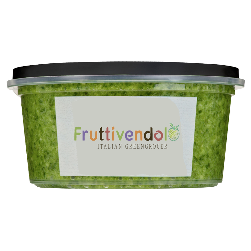 Fresh basil pesto in green plastic tub with Fruttivendolo label, 100g