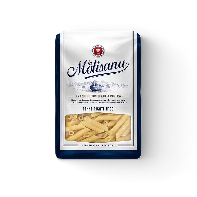 La Molisana Penne Rigate pasta package, numbered N°20, 500 g, with penne rigate close-up