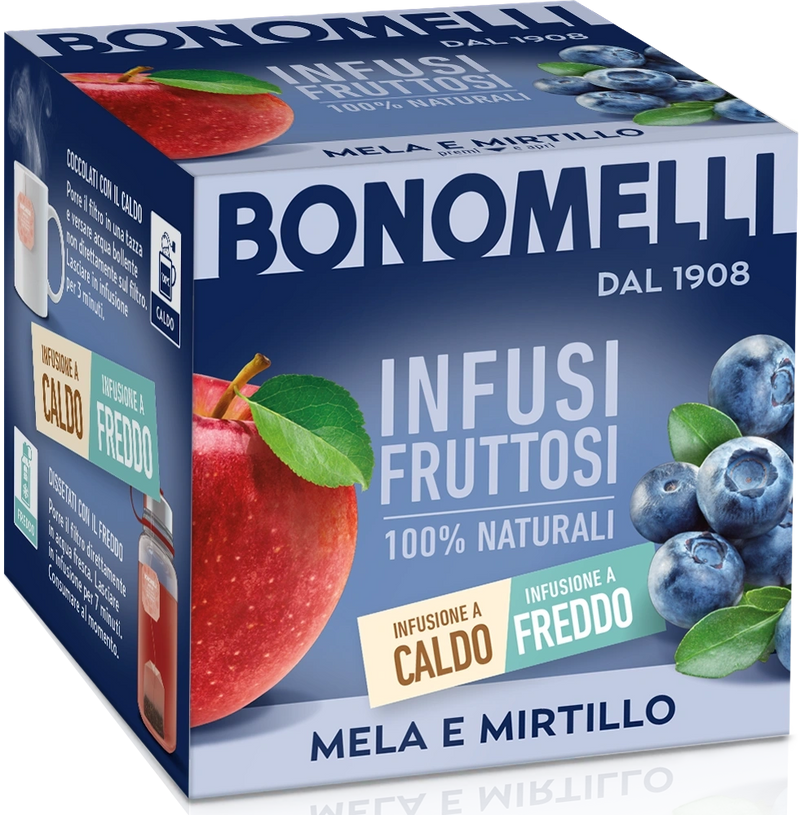 Bonomelli Infusi Fruttosi x10 infused apple and blueberry juice cartons, blue box