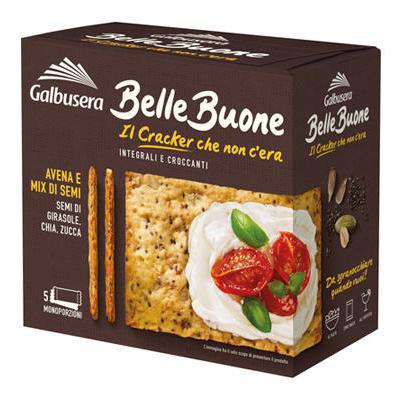 Galbusera whole grain oat crackers box, 5x40 g, front shows crackers with tomatoes