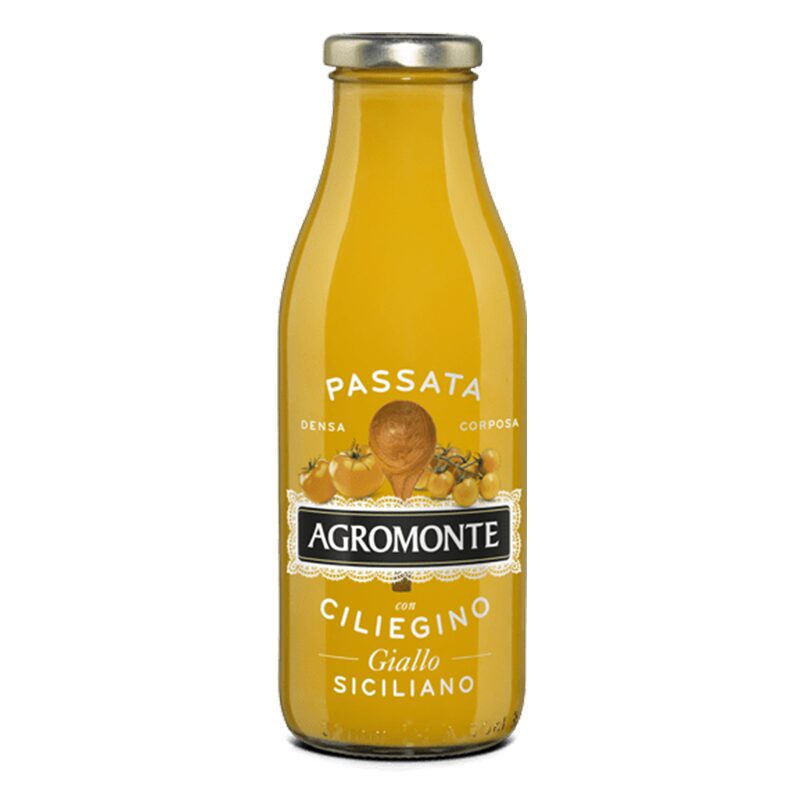Agromonte ciliegino giallo passata bottle with yellow tomato sauce label