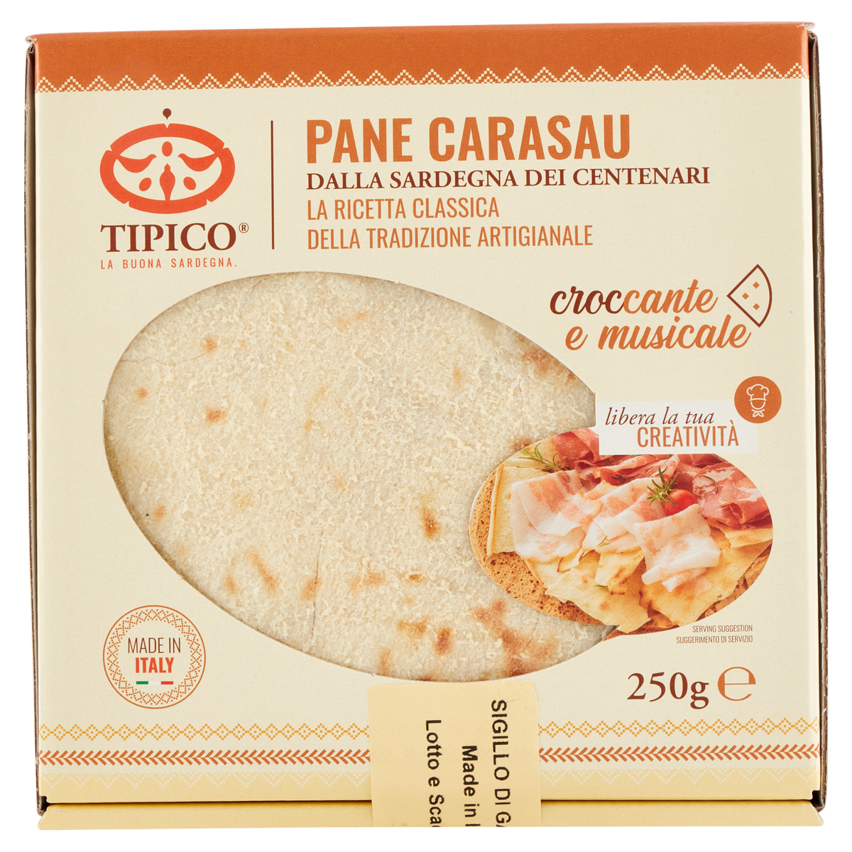 Italian pane carasau flatbread crackers in 250 g box, round crisp bread