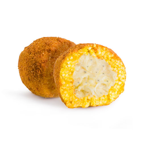 4-cheese arancino, breaded rice croquette with melted cheese filling, halved