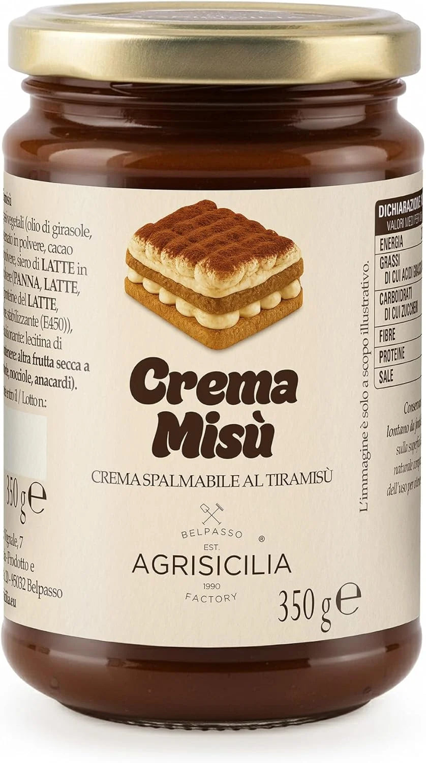 Tiramisu cream spread in glass jar, 350 g, brown dessert filling with biscuit layers