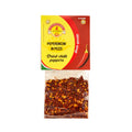 Dried chili pepper flakes pouch with red-orange flakes seasoning