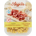Gluten-free prosciutto crudo tortellini fresh pasta in clear plastic tub, ready to eat