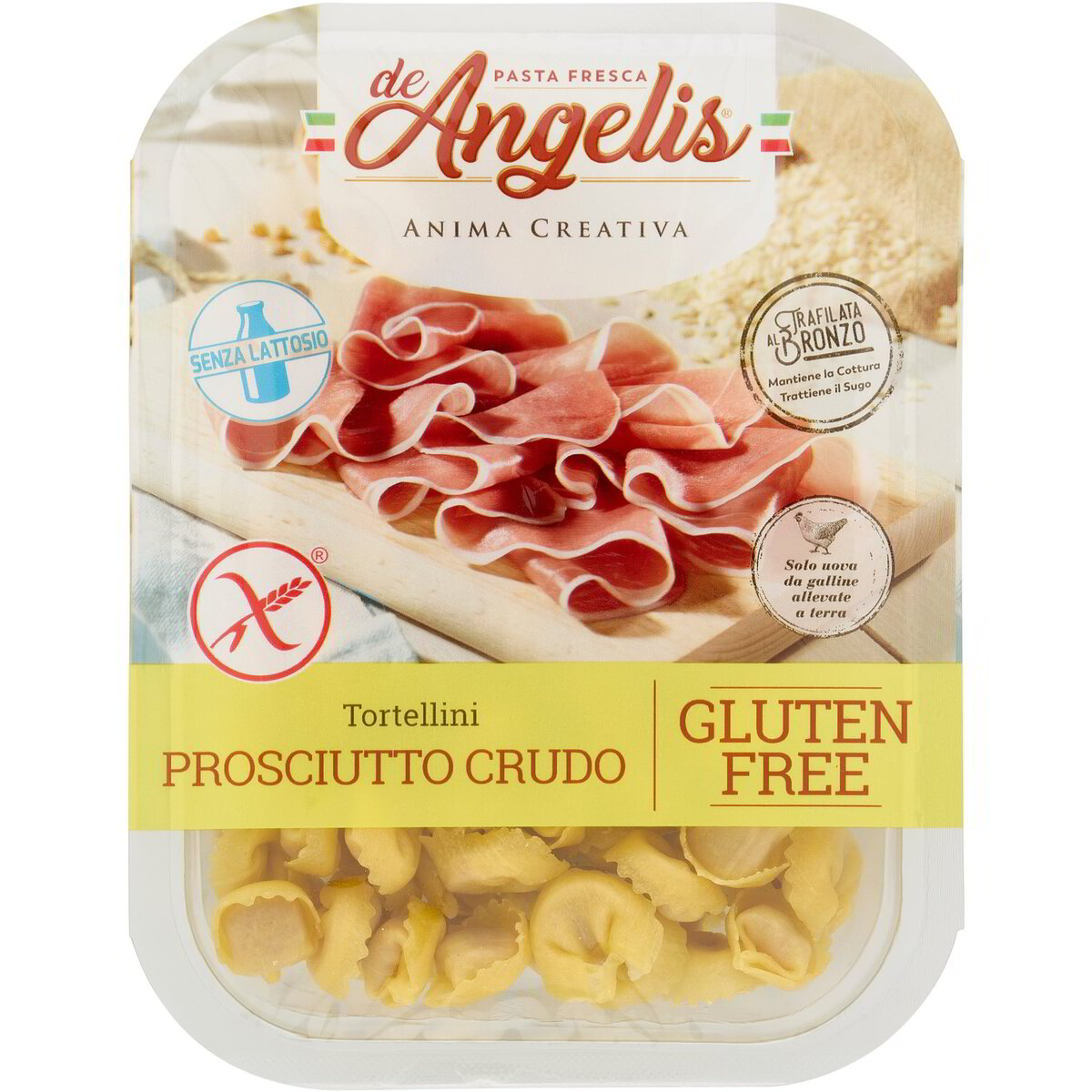 Gluten-free prosciutto crudo tortellini fresh pasta in clear plastic tub, ready to eat