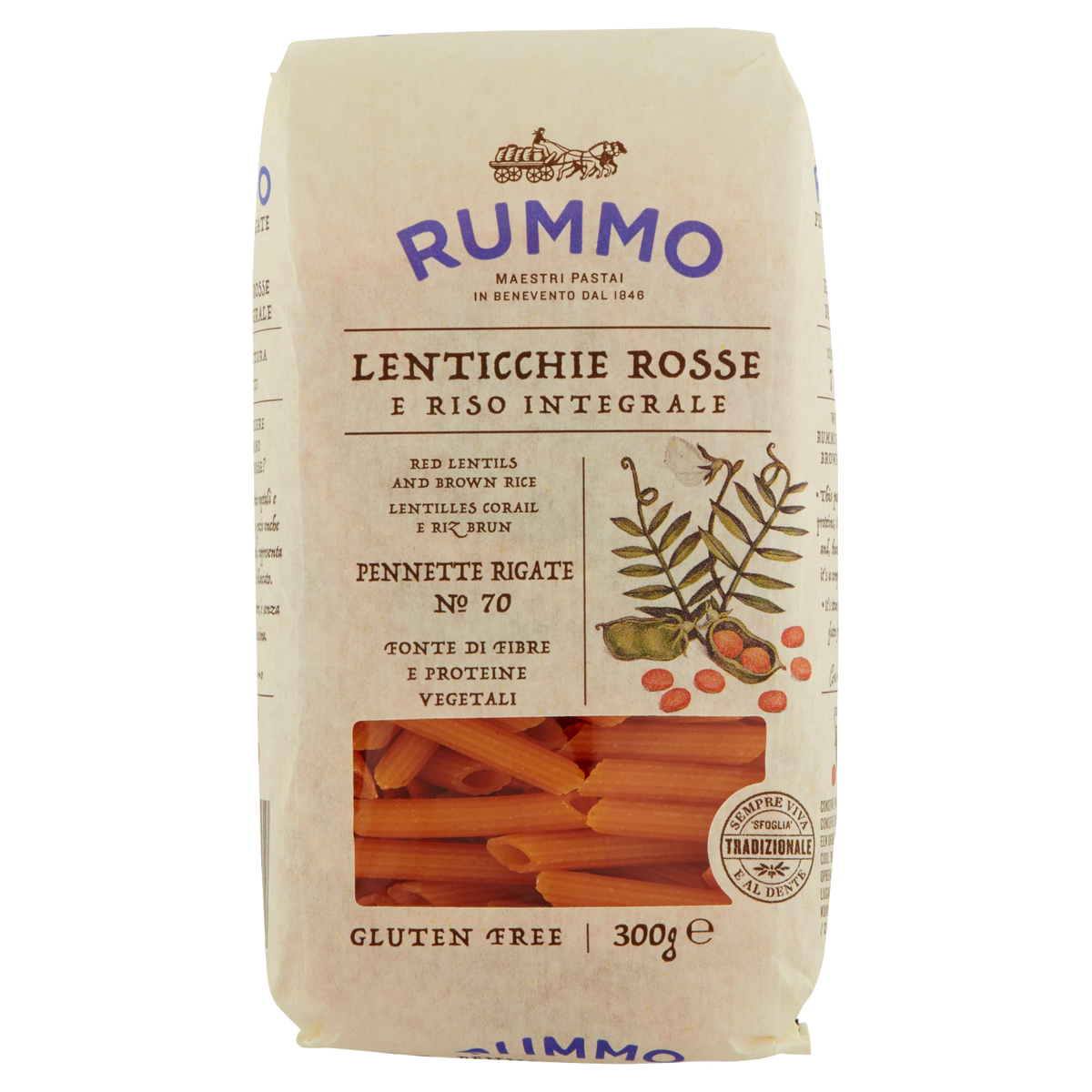 Rummo gluten-free lentil penne rigate pasta bag, No.70, 300 g