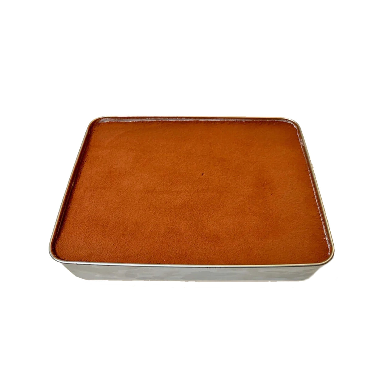 Classico tiramisu in rectangular serving container, brown cocoa-topped surface