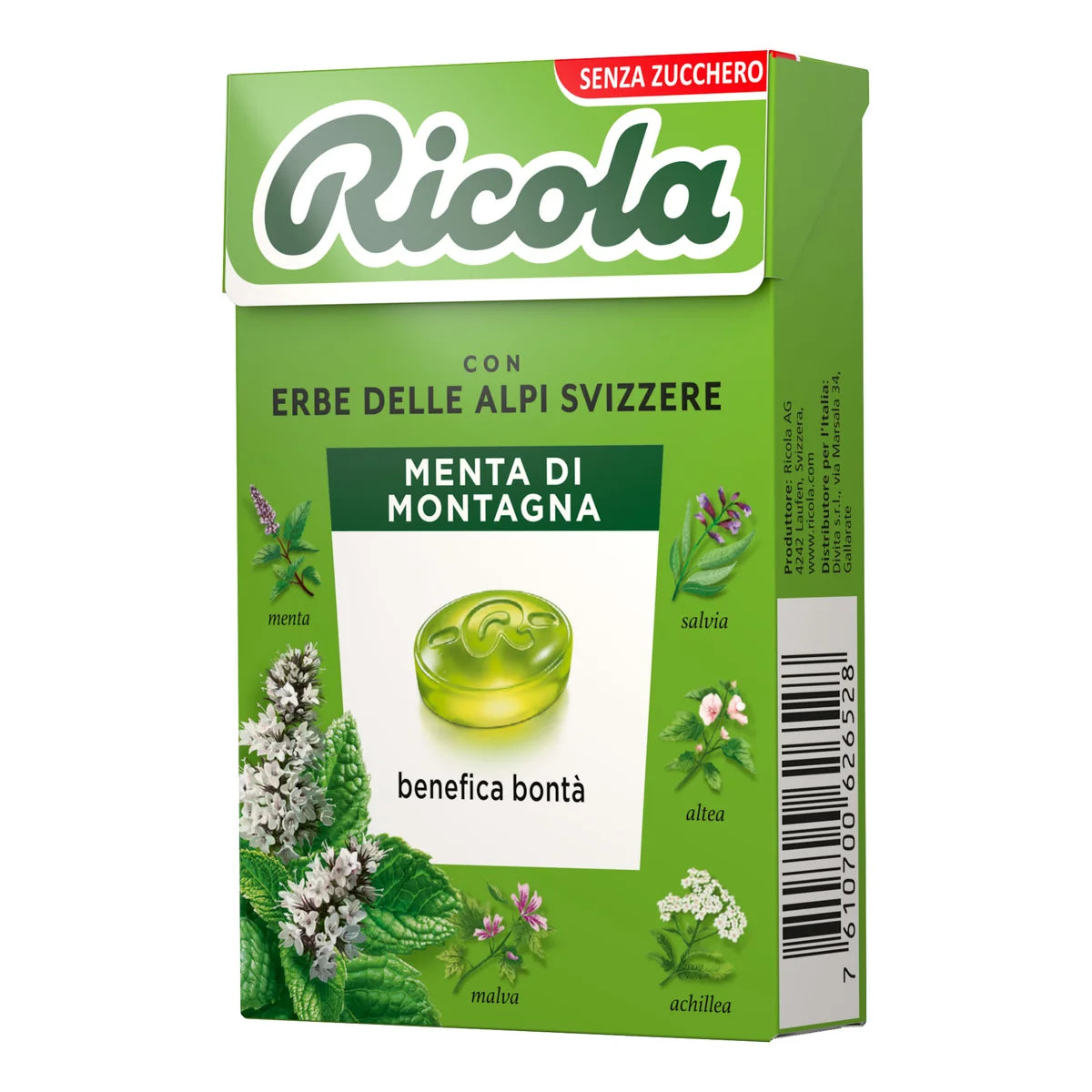 Ricola sugar-free Mountain Mint herbal lozenges box, green with candy graphic