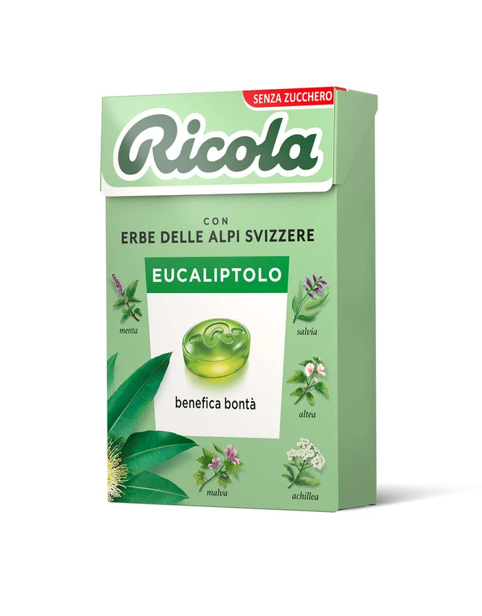 Ricola eucalyptus lozenges box, 50 g, green package with logo and circular candy icon
