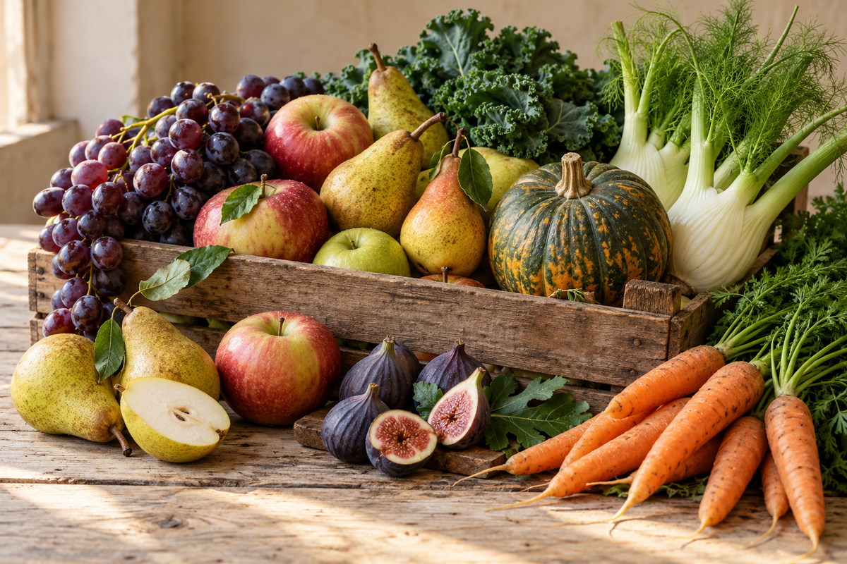Seasonal fruit and vegetable box with apples, pears, carrots, grapes, squash
