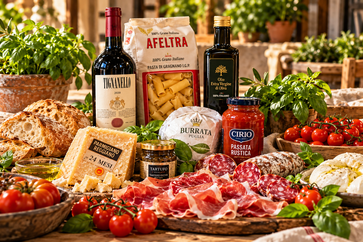 Italian gourmet gift set with pasta, cured meat, cheese, olive oil, and bread