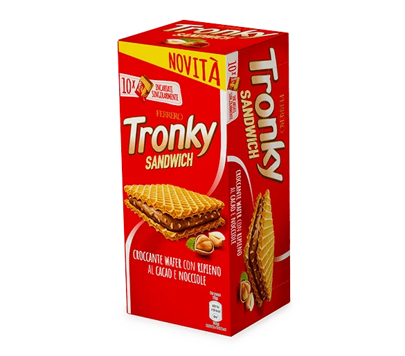 Tronky Sandwich wafer cookie box, red package with chocolate hazelnut filling
