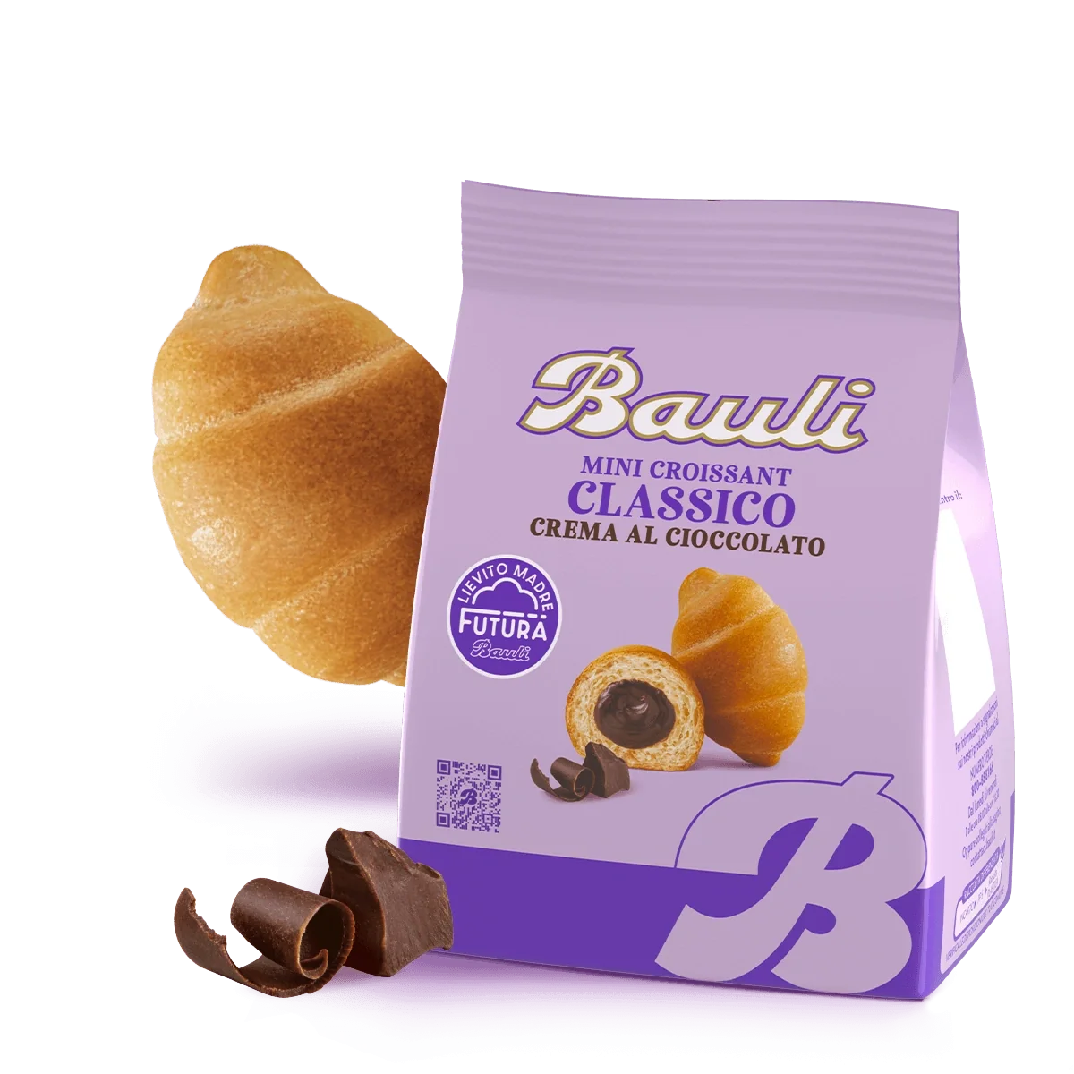 Bauli mini croissant classic chocolate cream pastry in purple bag with croissant pieces