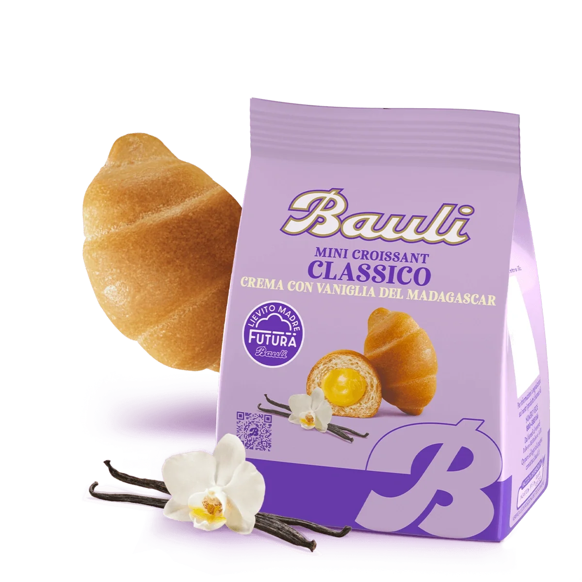 Bauli mini croissant crema vanilla packaged bag, purple with croissant and vanilla graphics