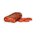 Spicy salami (250 g) with reddish-brown casing, shown whole and sliced
