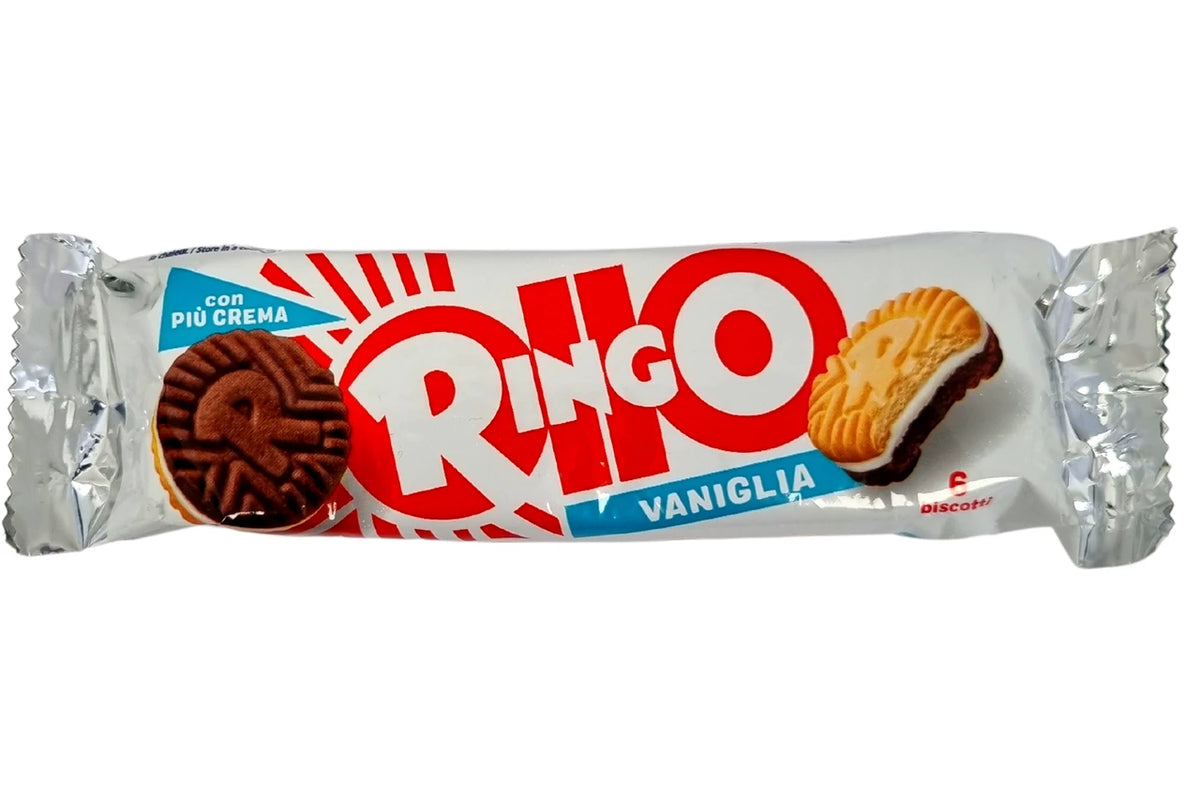 Pavesi Ringo vanilla snack bar in silver wrapper with cookie graphics and red-blue branding