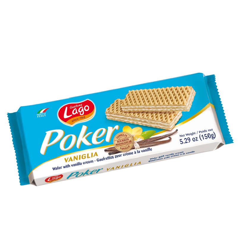 Vanilla wafer cookies in blue Lago package, sealed box with waffle pattern
