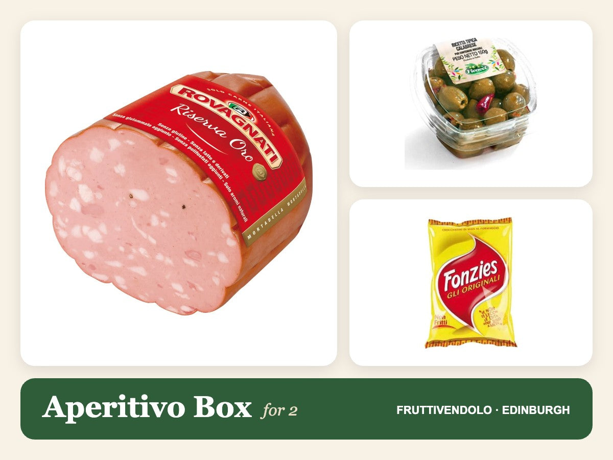 Aperitivo box for 2 with packaged salami slice, olives cup, and snack chips packet