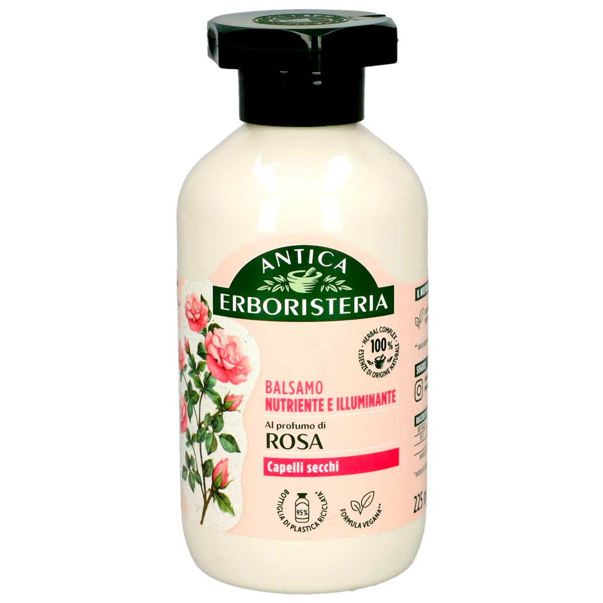 Antica Erboristeria hair conditioner bottle, creamy color with black cap and rose label, 225 ml