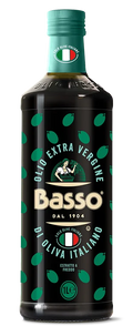 Basso extra virgin olive oil bottle, 1L, dark glass with green cap and label