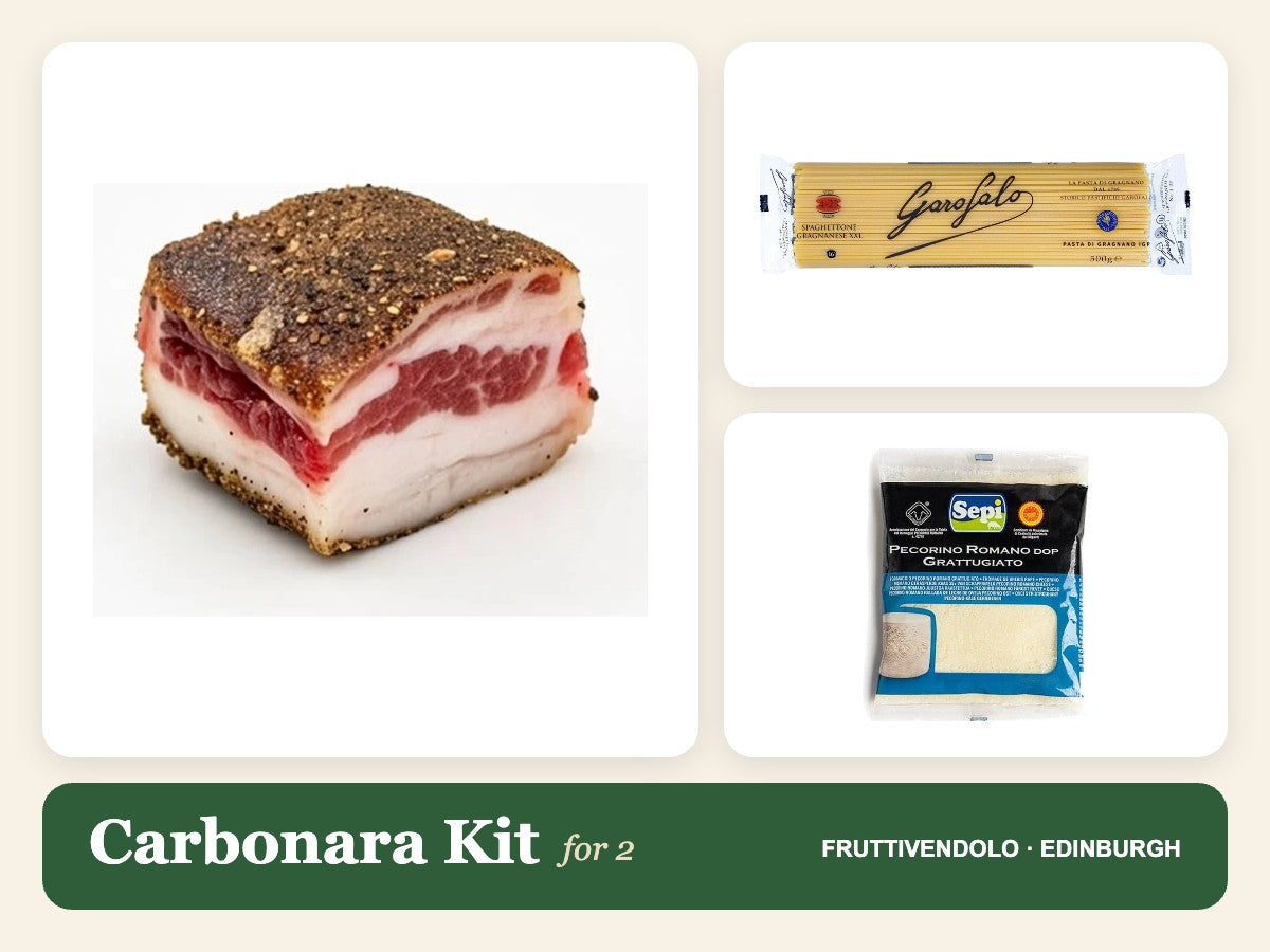 Carbonara kit ingredients for 2: cured meat cut, and packaged pasta sauce mix
