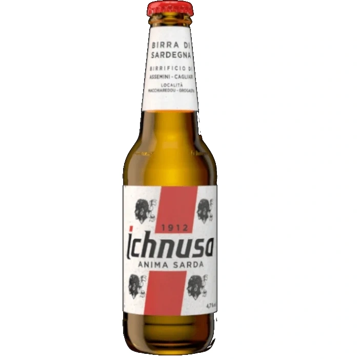 Ichnusa beer bottle with amber glass, red cap, front label reading Ichnusa Anima Sarda