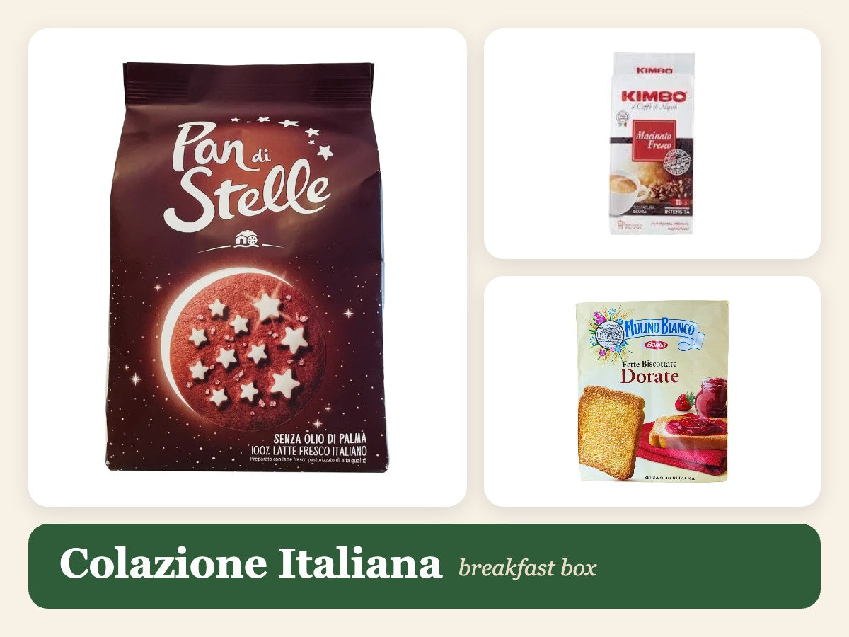 Italian breakfast box with Pan Stelle biscuits, KIMBO coffee, and Mulino Bianco Dorate snack
