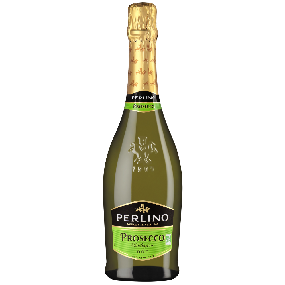 Perlino Prosecco DOC Biologico sparkling wine bottle with gold label