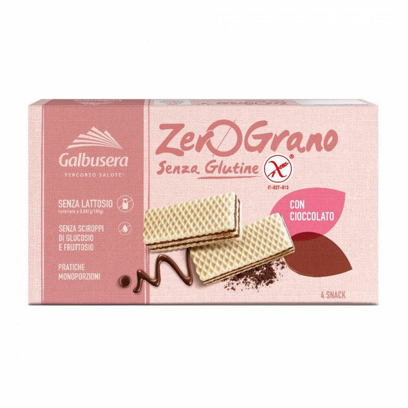 Galbusera ZeroGrano gluten-free wafer box with chocolate-coated wafer squares, 4 snack