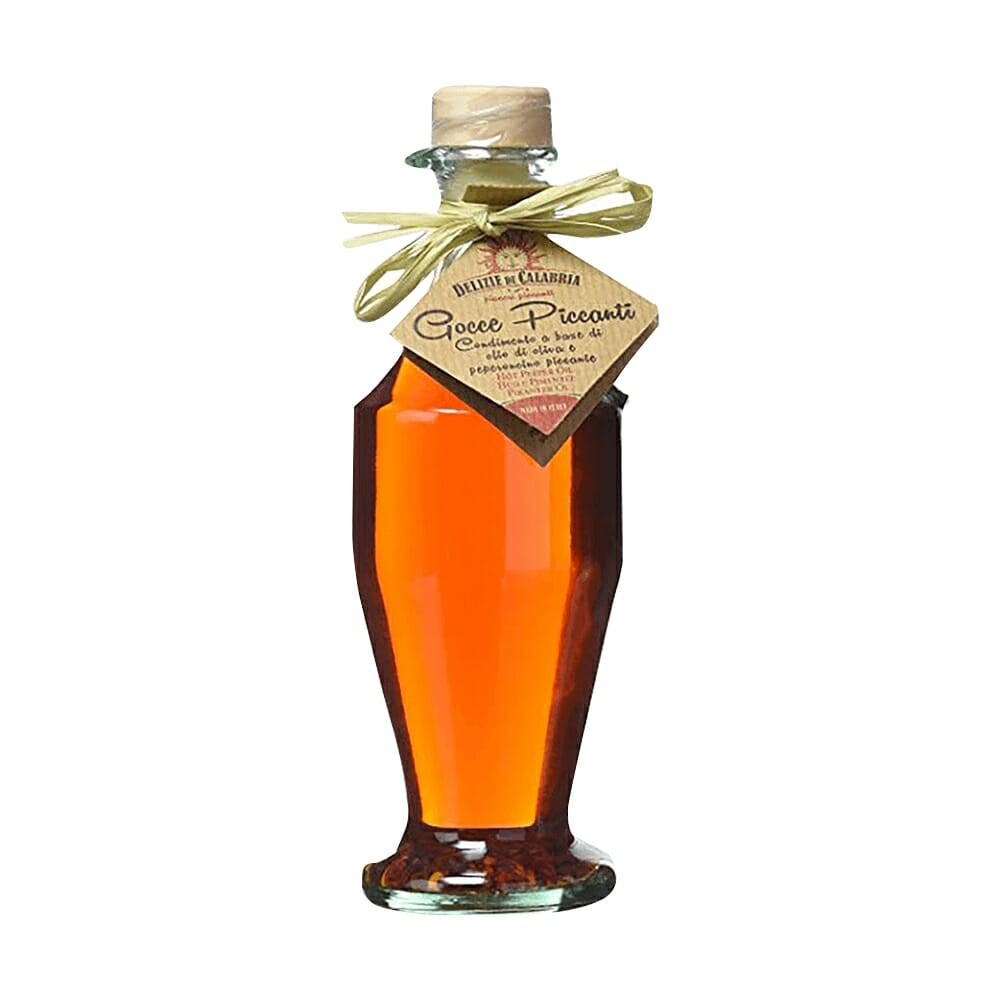 Delizie Di Calabria chili pepper oil bottle with cork and tied paper label, 250 ml