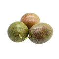 Three passion fruits with speckled green and purple skin on stems