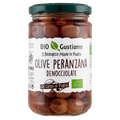 Glass jar of Bio Gustiamo Peranzana pitted olives with green lid, front label