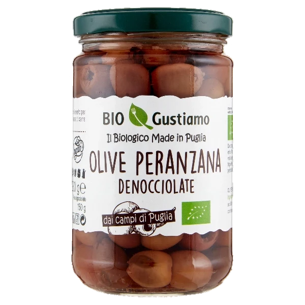Glass jar of Bio Gustiamo Peranzana pitted olives with green lid, front label